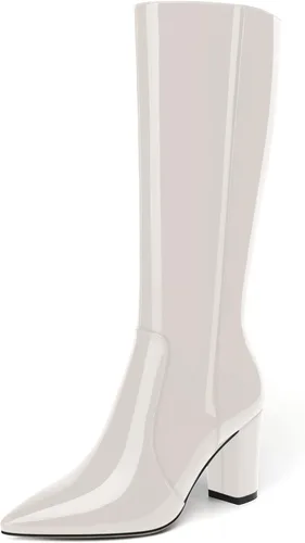 Vista 190 de AMBELIGHT Botas altas hasta la rodilla con cremallera y puntera puntiaguda para mujer, de patente sólida, tacón alto, 3.3 pulgadas