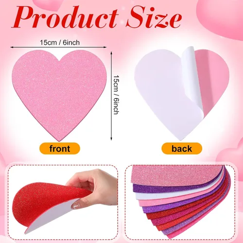 Vista 2 de Tatuo 120 calcomanías de corazón de espuma de 6 pulgadas a granel, autoadhesivas, corazones de espuma EVA, mate y purpurina para manualidades