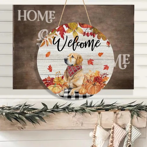 Vista 4 de YINENA Letrero de puerta de perro con texto en inglés "Welcome Fall Dog" Golden Retriever - Percha de puerta de madera para exteriores, porche