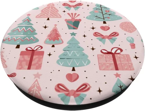 Vista 2 de PopSockets estándar con diseño de árbol de Navidad rosa pastel y verde salvia