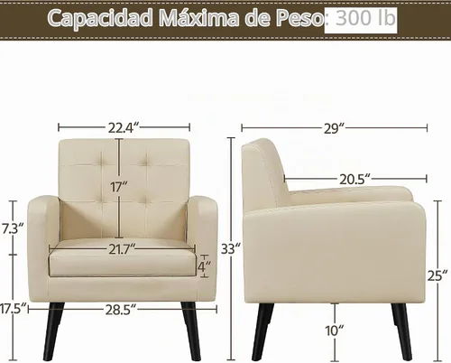 Vista 3 de Yaheetech - Sillas de acento de mediados de siglo, silla moderna tapizada de piel sintética para sala de estar, sillón acogedor con respaldo Beige
