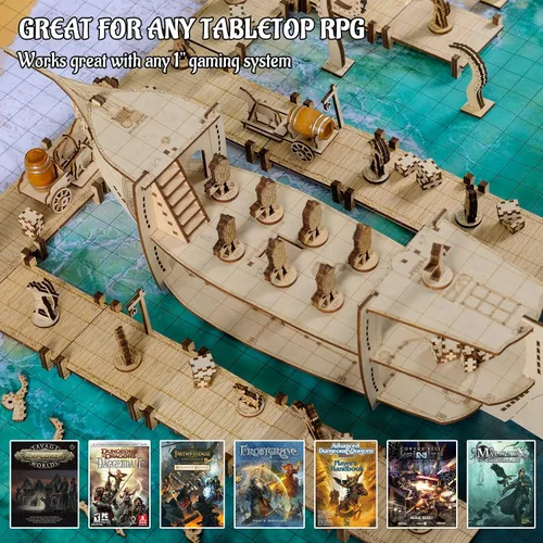 Vista 4 de Puente modular, muelle, pasarela, juego básico de 7 piezas de madera cortada con láser para D&D, Pathfinder, Dungeons & Dragons y otros