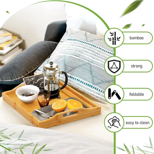Vista 3 de Mesa Bandeja para Cama Bandejas de Desayuno Bandeja de Servir Altura Ajustable para Comer Cama de Bambú Laptop Plegable Patas con Asas y Soportes
