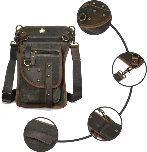 Vista 2 de Handadsume Lona resistente al agua + cuero para motocicleta, viajes, riñonera de viaje, bolsa de pierna para hombres y mujeres FB2141, 2141-El verde