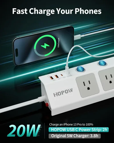 Vista 5 de HOPOW Regleta de alimentación de enchufe plano con interruptores individuales, cable de extensión plano ultrafino de 10 pies, protector