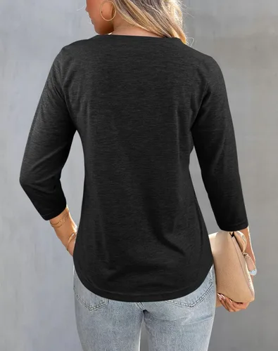 Vista 4 de Camisetas de manga 34 con cuello en V para mujer, con botones, estilo casual, lisas, blusas básicas