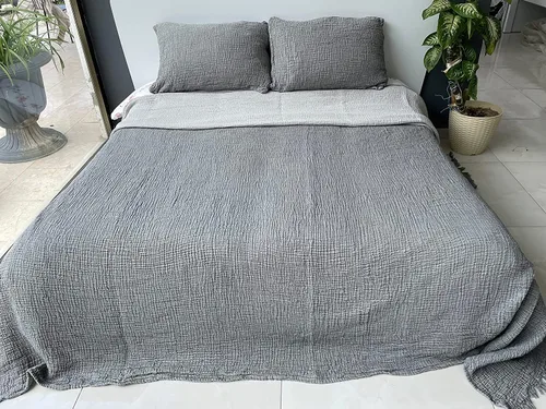 Vista 2 de Manta de muselina 100% algodón, colcha de 4 capas, funda de cama de muselina de algodón turco suave, colcha reversible, gris antracita