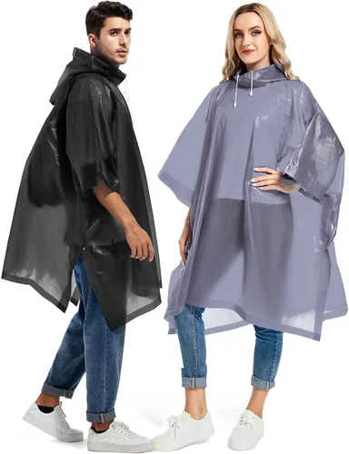 Vista 70 de Paquete de 2 ponchos de lluvia para adultos, reutilizables, impermeables, de supervivencia, emergencia, resistente, con capucha con cordón