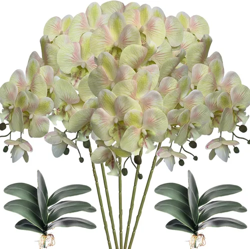 Vista 8 de HinyoCo - 5 flores artificiales de orquídea y 4 paquetes de hojas, flores artificiales de Phalaenopsis de 32 pulgadas para decoración del hogar