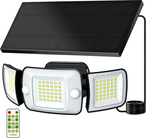 Vista 9 de intelamp - Detección de doble movimiento 180° 1200LM de la luz de inundación solar al aire libre 3 Adjustable Heads, Remote Control, Motion &