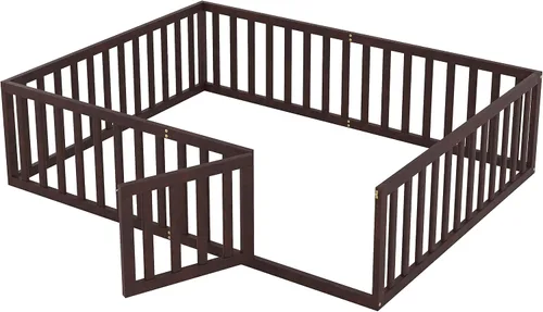 Vista 5 de Bellemave Cama de suelo de madera tamaño Queen para niños, cama Montessori con barandillas en forma de valla y puerta, para niños, niños y niñas