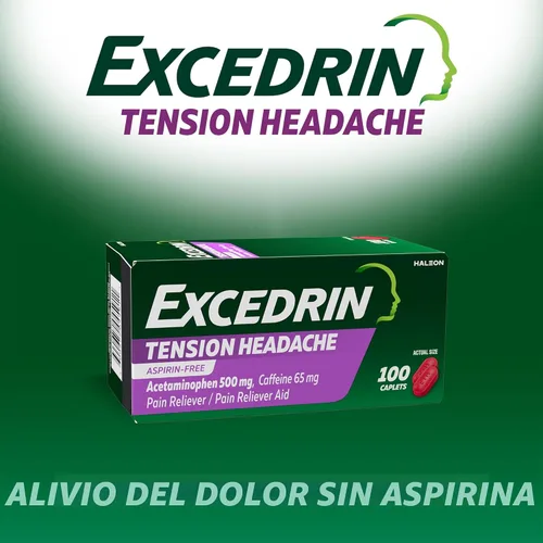 Vista 2 de Excedrin Cápsulas para Alivio del Dolor de Cabeza por Tensión, Acetaminofén 500mg, Cafeína 65mg, Analgésico, Sin Aspirina, 100