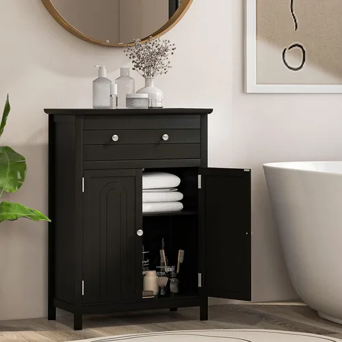 Vista 2 de GOFLAME Gabinete de almacenamiento de madera para baño, moderno armario organizador de baño con estante ajustable de 3 alturas, cajón y estante de 2