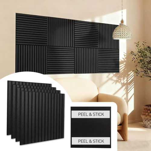 Vista 10 de Paneles de pared de listones de madera acústica para despegar y pegar, paneles insonorizados de grano de madera 3D de 23 x 23 pulgadas, paquete