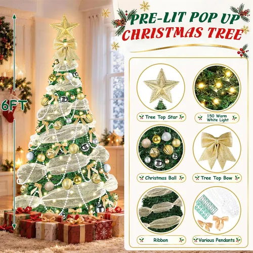 Vista 2 de FUSPWEAO 6FT Pre-Lit Pop Up Christmas Tree with Lights for Holiday Decor Pre-Decorated Collapsible Tree with Ribbon, Pearl Chain, Bows, Ball