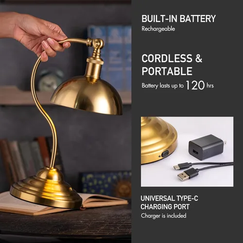 Vista 3 de O'Bright Bankers - Lámpara de mesa LED inalámbrica, funciona con batería, recargable, atenuación de 3 niveles, carga universal USB-C, cabezal