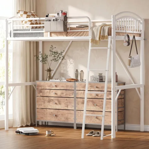 Vista 8 de Decofy - Cama elevada de metal tamaño individual, cama elevada con cajón lateral, escalera convertible y barandillas de seguridad de longitud
