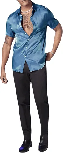 Vista 5 de WDIRARA Camisas de satén de seda metálica con botones y manga corta con cuello para hombre