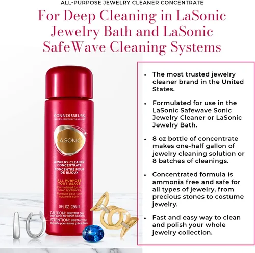 Vista 2 de CONNOISSEURS LaSonic - Limpiador concentrado multiusos para joyas, 8 onzas líquidas, formulado para dispositivos de limpieza LaSonic SafeWave y joyas