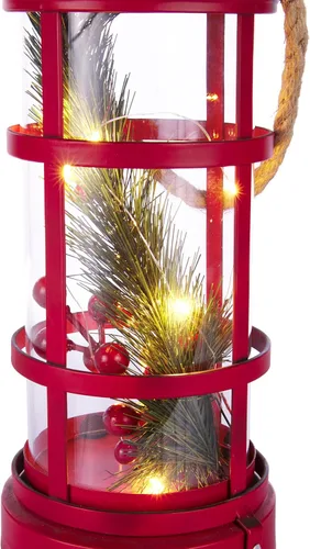 Vista 10 de Alpine Corporation Farol de Navidad de metal y vidrio de 13 pulgadas de alto con 8 luces LED blancas cálidas, temporizador integrado, decoración Rojo