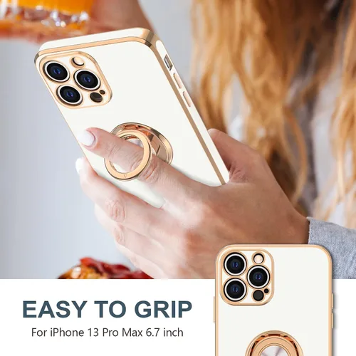 Vista 2 de Hython Funda para iPhone 13 Pro Max con soporte de anillo [soporte de anillo giratorio de 360° con soporte magnético] [borde chapado en oro rosa]
