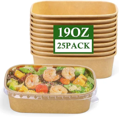Vista 13 de Paquete de 25 cuencos de papel de 19 onzas, recipientes desechables con tapas, cuencos rectangulares desechables con tapas, cuencos de ensalada