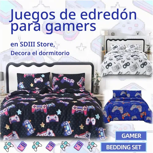 Vista 3 de SDIII Funda de edredón azul para jugadores, tamaño Queen, con 2 fundas de almohada, juego de ropa de cama de microfibra para niños, niñas y Azul