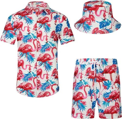Vista 16 de EISHOPEER Conjunto hawaiano de flores para hombre, camisa de manga corta y pantalones cortos, trajes con sombreros de pescador