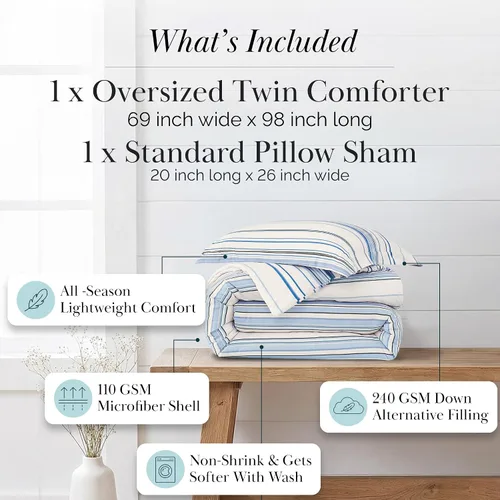 Vista 2 de Southshore Fine Living, Inc. Juego de edredón costero individual XL, edredón de plumón alternativo a rayas azules, tamaño individual XL con funda