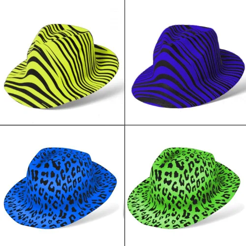 Vista 2 de Novelty Place Sombreros de fiesta de plástico con estampado de animales neón, estilo fedora con mafia de gángster, sombreros de fiesta con luz negra