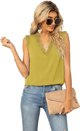 Vista 161 de VIISHOW - Camiseta sin mangas, sexy, con cuello en V y bordes de encaje para mujer, camisola de vestir, camisas de gasa, sin mangas, casuales