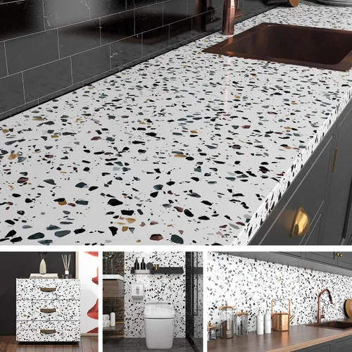 Vista 2 de Ababoorty Papel de contacto de granito de 15.8 x 197 pulgadas, papel de contacto de terrazo blanco para encimeras, papel tapiz autoadhesivo