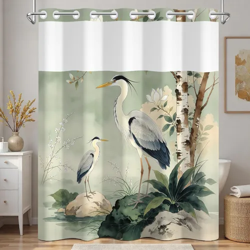 Vista 12 de No Hook Geometric Shower Curtain with Snap in Liner - 71″W x 74″L Waterproof Fabric with Mesh Top Window, Modern Abstract Triangle Design Bath