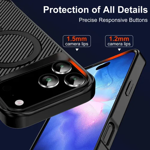 Vista 6 de Funda para iPhone 17 Pro Max con soporte magnético de 360° [compatible con MagSafe], funda protectora de fibra de carbono + 2 protectores de Negro