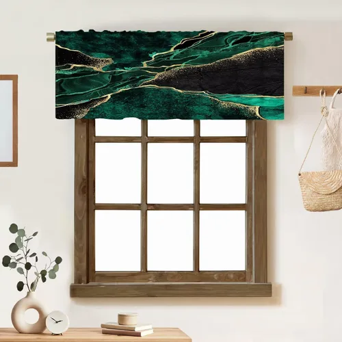 Vista 44 de Cortina de cenefa de mármol verde con venas doradas de mármol negro, diseño abstracto de lujo, elegante cenefa con bolsillo para barra, 1 panel