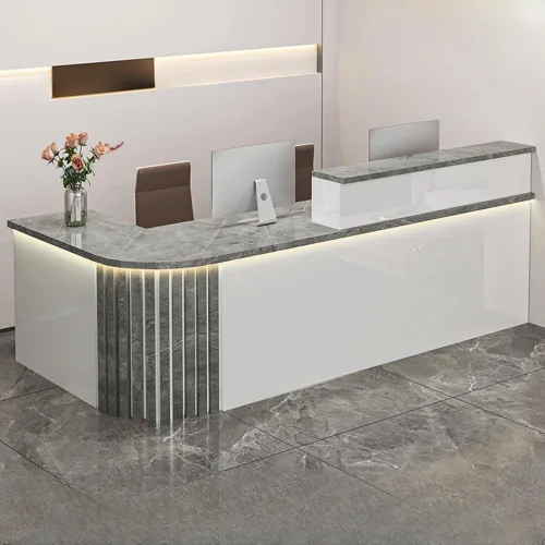 Vista 19 de LITFAD Recepción de computadora en forma de L - Escritorio de recepción de madera fabricada con gabinete, gestión de cables y bandeja para teclado