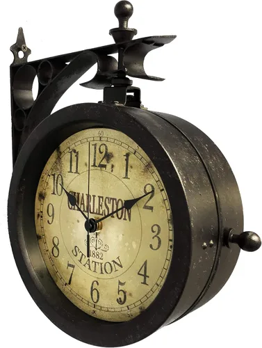 Vista 2 de Infinity Instruments Charelston - Reloj de metal para exteriores, impermeable, doble cara, estación de tren, reloj y termómetro