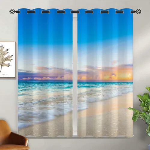 Vista 2 de Cortinas opacas de arena para niñas y niños, decoración del hogar, vacaciones, playa, agua azul, puesta de sol, nubes, ojales, aislamiento térmico