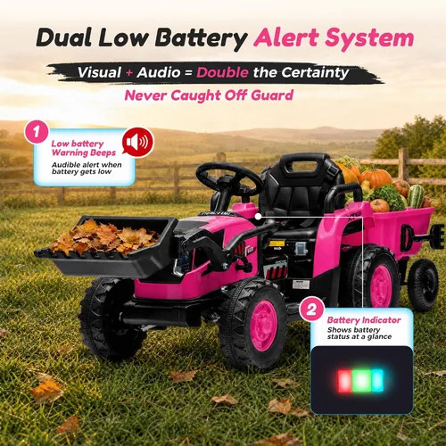 Vista 12 de Tractor de paseo 4 en 1 de 24 V con cargador frontal desmontable Rosa Blaze