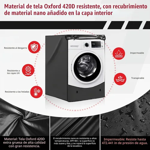 Vista 3 de Funda para Lavadora de Carga Frontal, Oxford 420D Resistente, Impermeable, Ajuste Universal