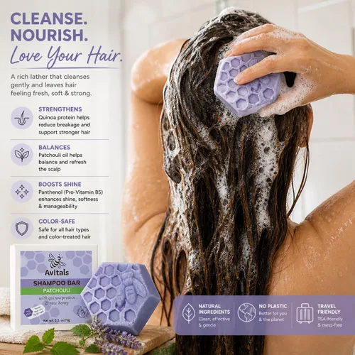 Vista 3 de Avital's Apiaries Barra de champú de pachulí para cabello seco y teñido sin sulfato sólido con proteína de quinua, pantenol y manteca de karité