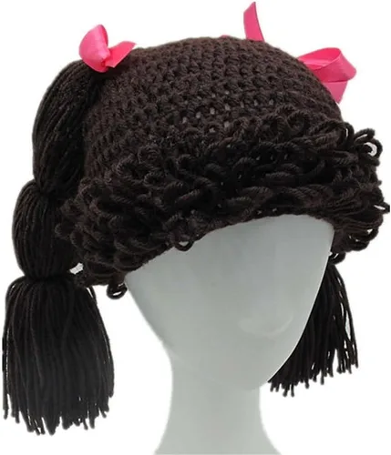 Vista 3 de BIBITIME Gorro de punto de coleta hecho a mano para mujeres y niñas, gorro trenzado con lazo