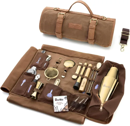 Vista 12 de Barillio Bolsa de Kit de Barman con Juego de Coctelera Negra – Lona Encerada, Bolsa de Herramientas de Bar de Viaje con Kit de Cóctel de 17 Piezas