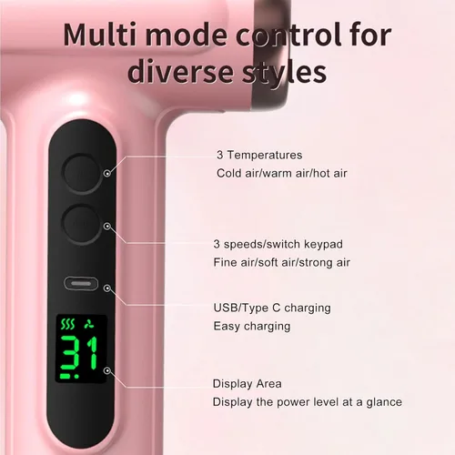 Vista 3 de Secador de pelo inalámbrico, 15600 mAh profesional con boquilla, para viajes (rosa)