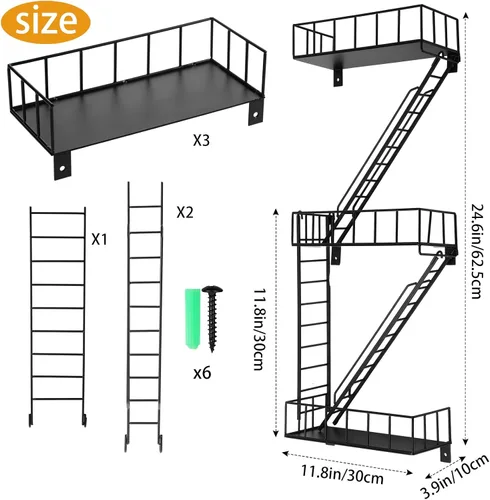 Vista 3 de Zonon Estante de pared de escape de incendios, estantes de escalera de metal, decoración de pared, estantes flotantes, estante de figura de acción