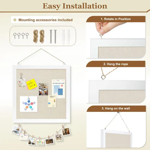 Vista 4 de Tablero de corcho de doble cara con lino, tablero de anuncios pequeño con marco de madera colgante de 12 x 12 pulgadas, kit de tablero de visión