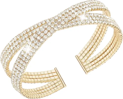 Vista 13 de Suyi Pulsera de Diamantes de Imitación Brazalete Dorado Multicapa para Mujer Pulseras de Cristal Nupciales