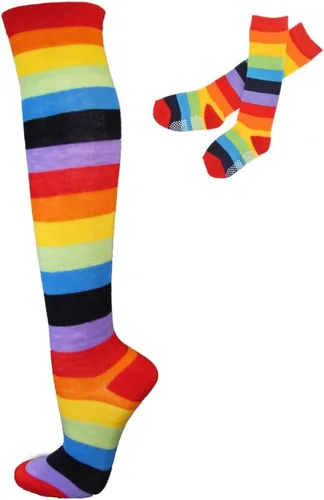 Vista 2 de Couver - Calcetines altos antideslizantes a la rodilla para niños y jóvenes, diseño de rayas arcoíris