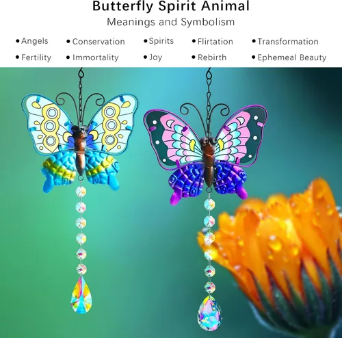 Vista 4 de Juego de 2 atrapasoles de mariposa de metal para ventanas – Decoración de pared de valla al aire libre de 14 pulgadas, prismas arcoíris