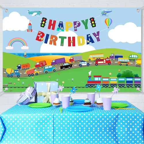 Vista 5 de Tatuo Transporte, decoración de fiesta de cumpleaños, telón de fondo de tráfico, fotografía, transporte, pancarta de feliz cumpleaños, decoración